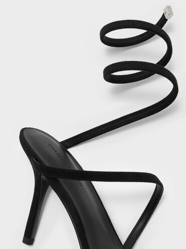 Sandal Heeled Wraparound Emila Faux Suede, Black Textured, hi-res
