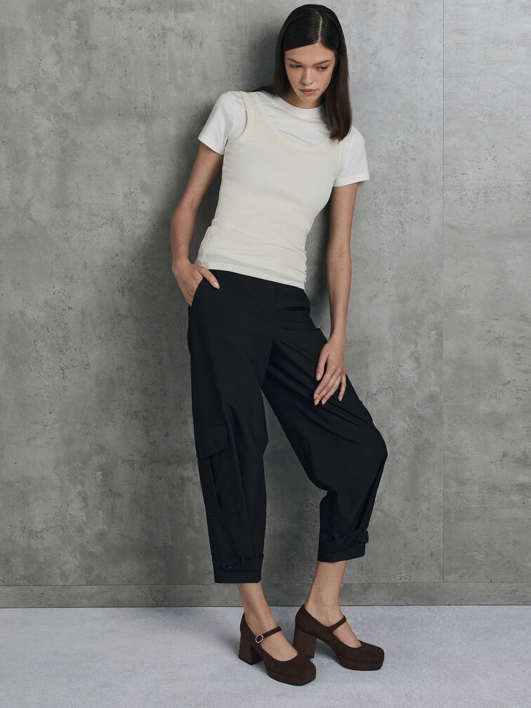 Sepatu Pumps Platform Block-Heel Mary Jane Faux Suede, Dark Brown Textured, hi-res