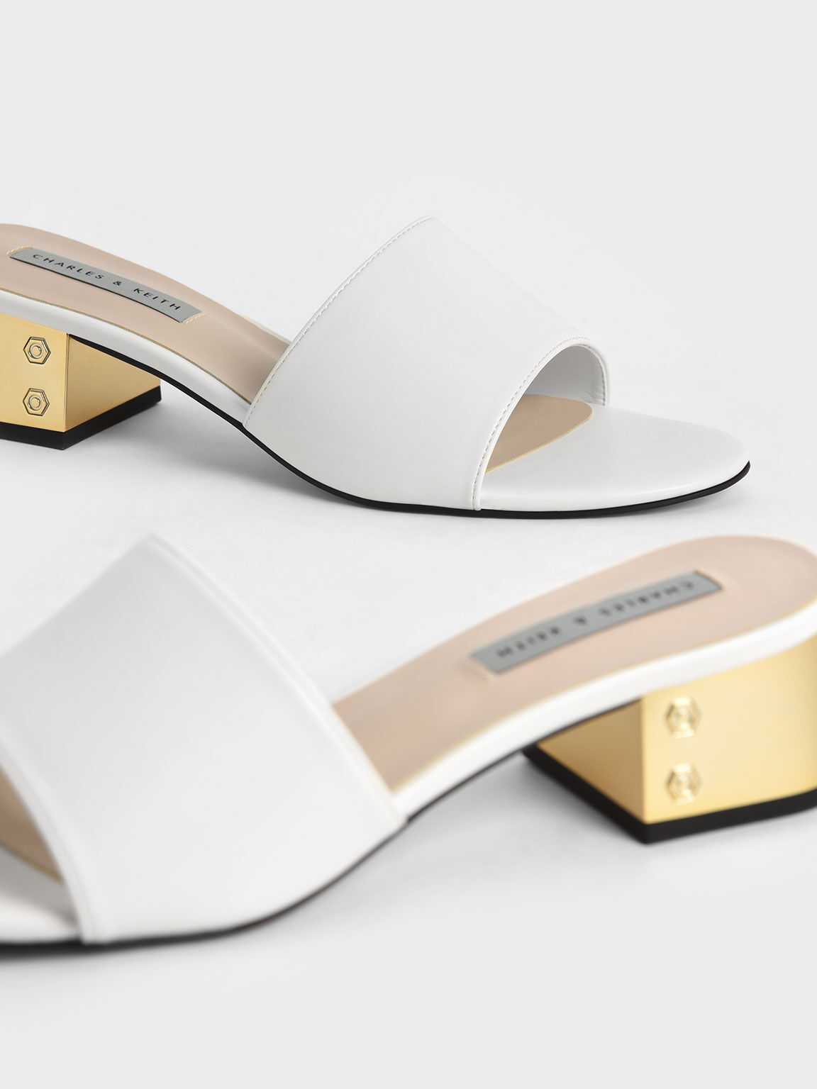 Sandal Mules Heel Open-Toe Metallic, White, hi-res