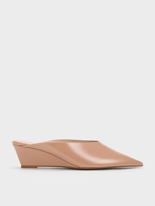 Patent Pointed-Toe Wedge Mules, Nude, hi-res