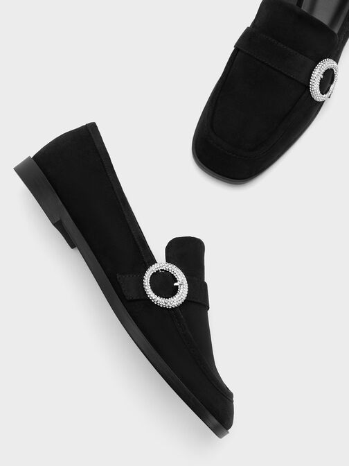 Sepatu Loafers Textured Crystal-Embellished Buckle, Black Textured, hi-res