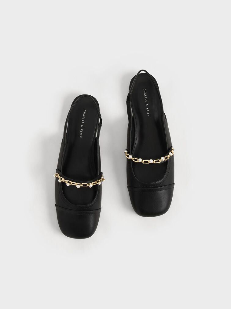 Sepatu Slingback Mary Janes Beaded Chain Link Linen, Black, hi-res