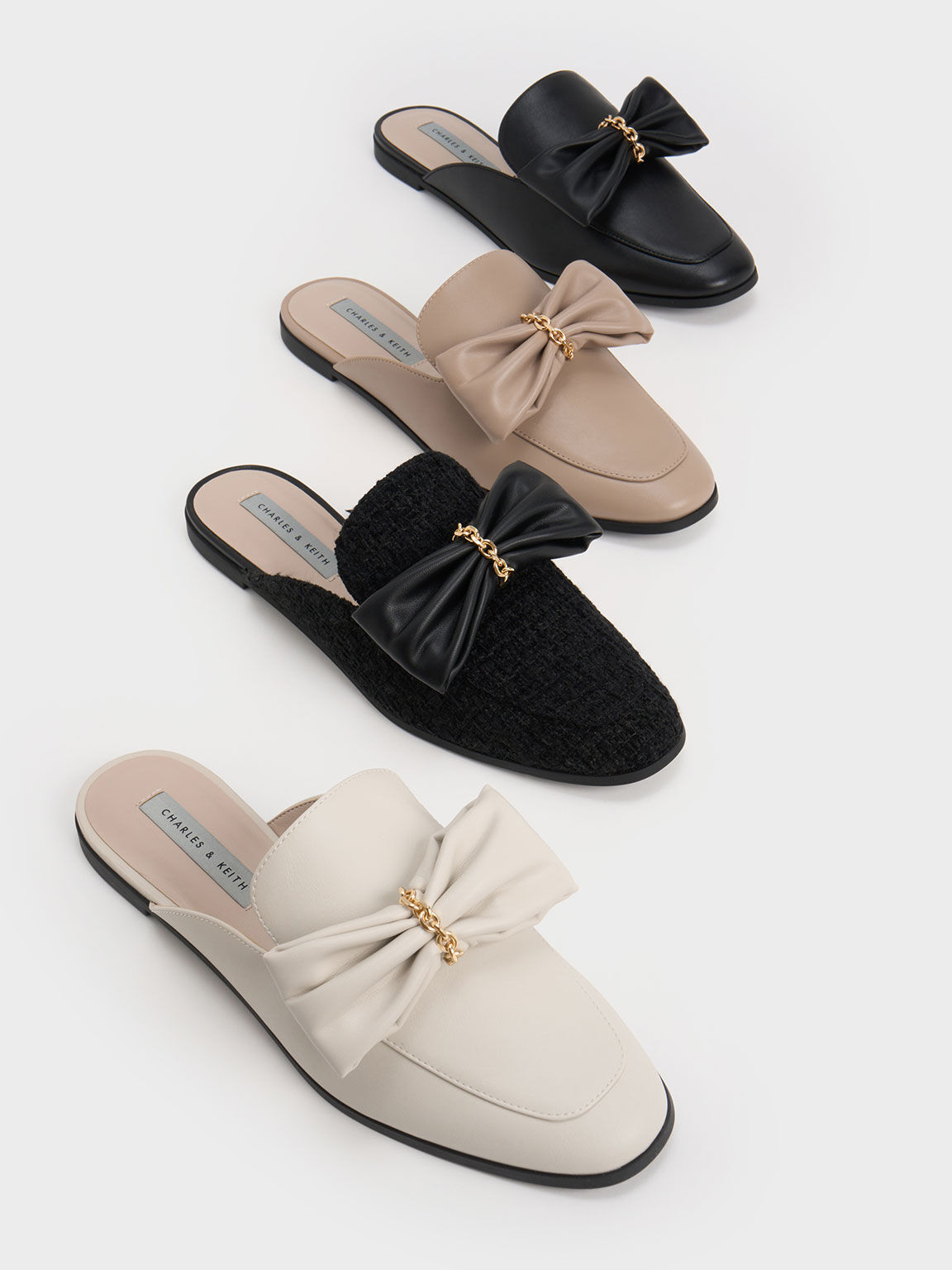 Sepatu Loafer Mules Chain-Link Bow, Chalk, hi-res