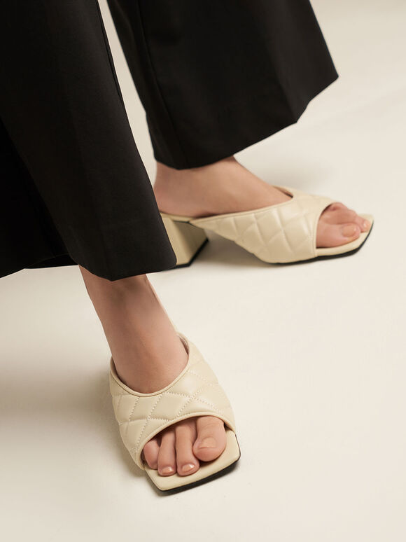Sandal Mules Quilted Square Toe, Chalk, hi-res
