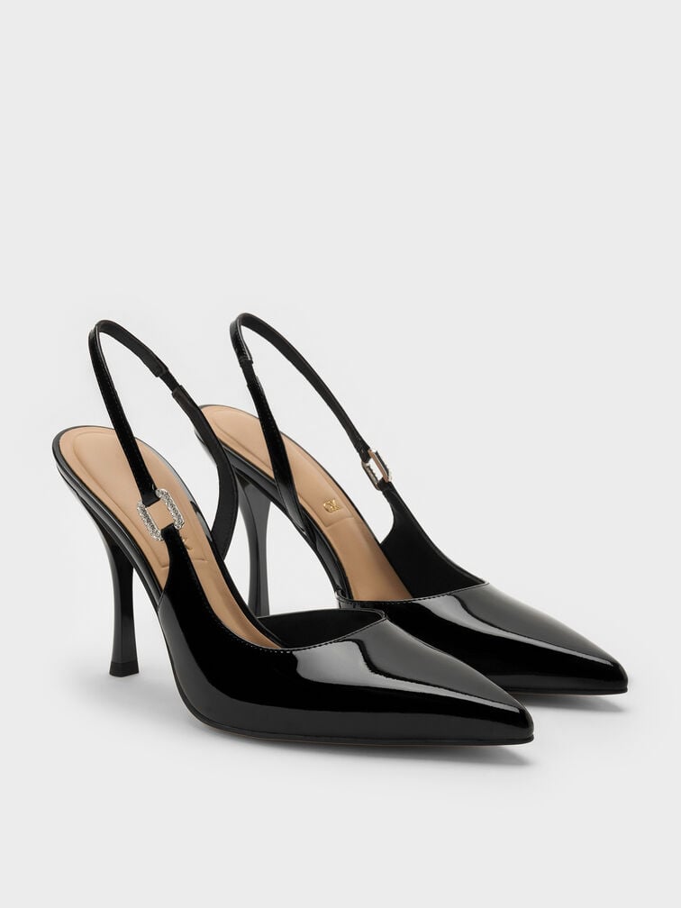 Sepatu Pumps Slingback Crystal-Buckle Patent Leather, Black Patent, hi-res