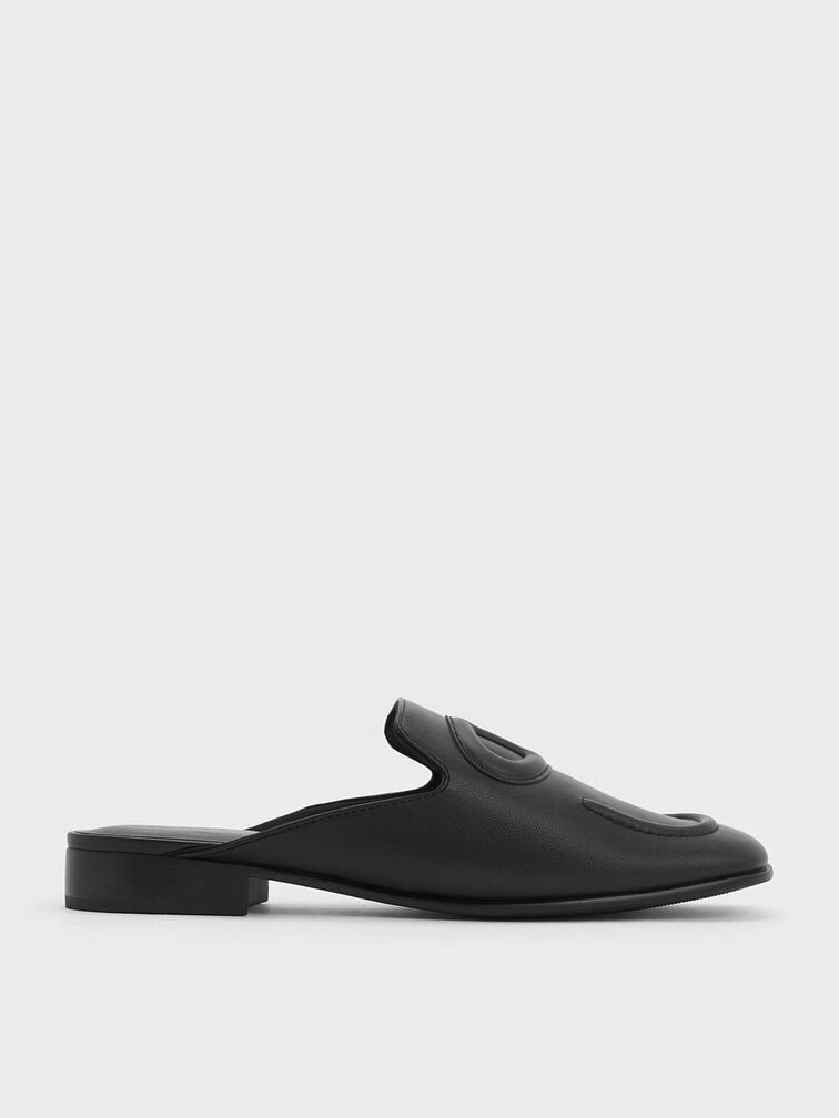 Sepatu Flats Oval Stitch-Trim Slip-On, Black, hi-res