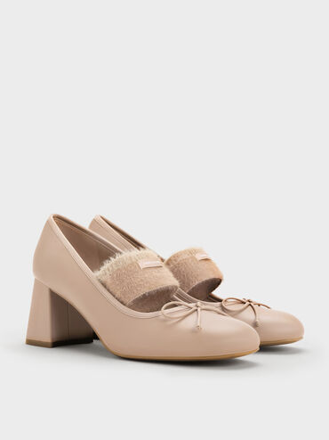 Sepatu Pumps Mary Jane Furry-Strap Bow Winona, Nude, hi-res