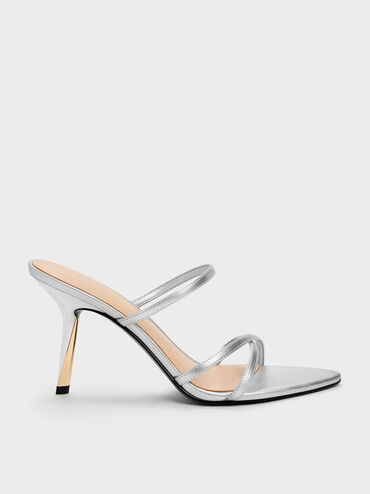 Sepatu Mules Heeled Strappy Metallic Taylen, Silver, hi-res