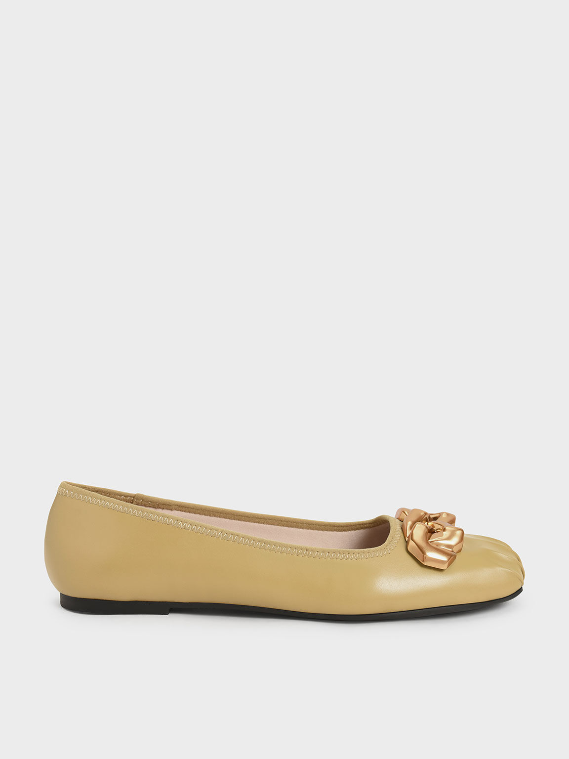 Ruched Square-Toe Chunky Chain-Link Ballerinas, Mustard, hi-res