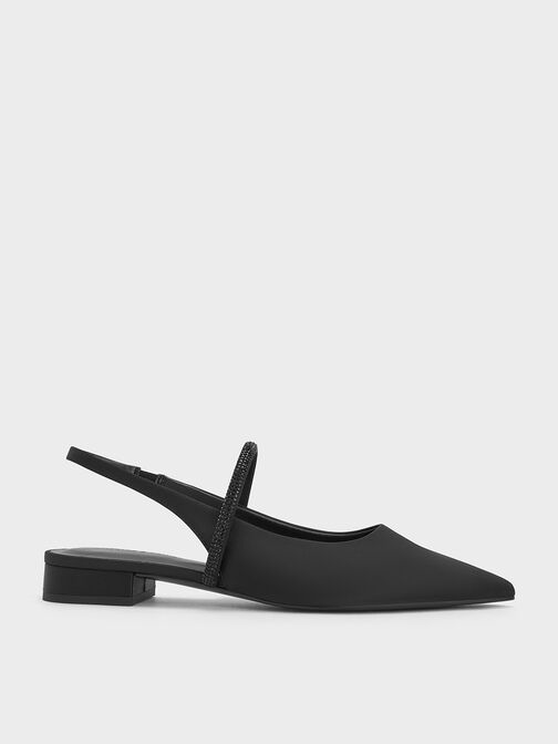Sepatu Slingback Flats Crystal-Strap Pointed-Toe Satin, Black Textured, hi-res