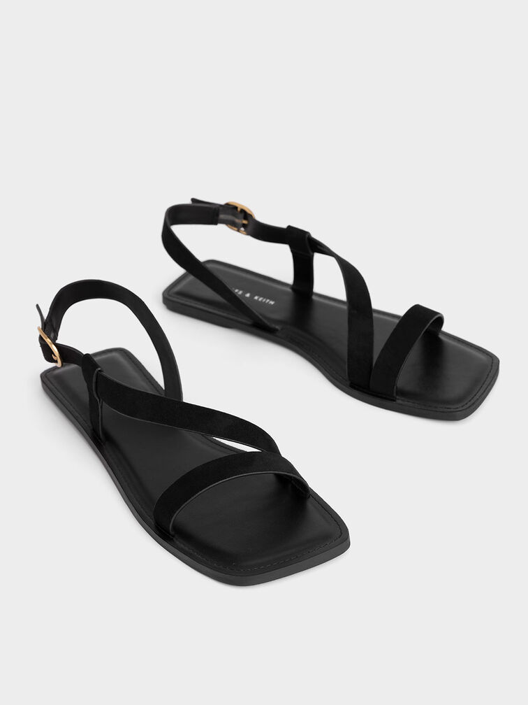 Textured Asymmetric Slingback Flat Sandals, Black Textured, hi-res