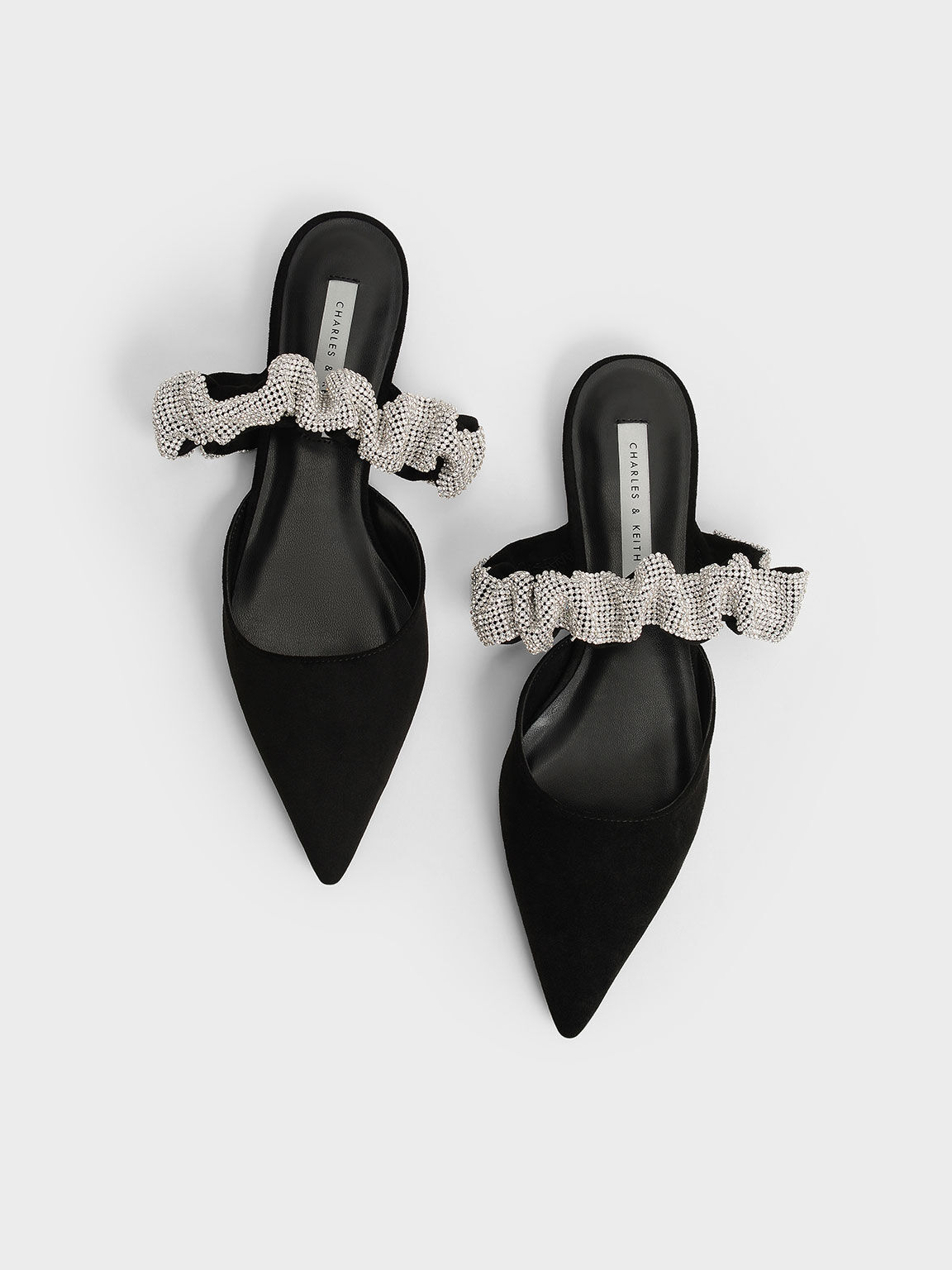 Sepatu Gem-Encrusted Ruched Strap Textured Mules, Black, hi-res