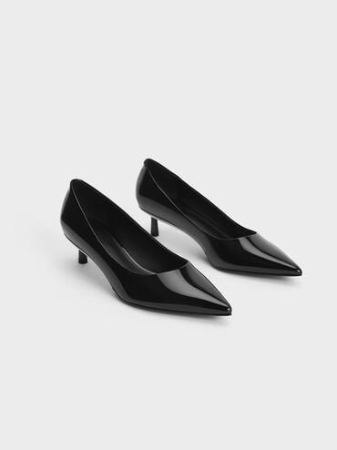 Sepatu Pumps Kitten Heel Patent Pointed-Toe, Black Patent, hi-res