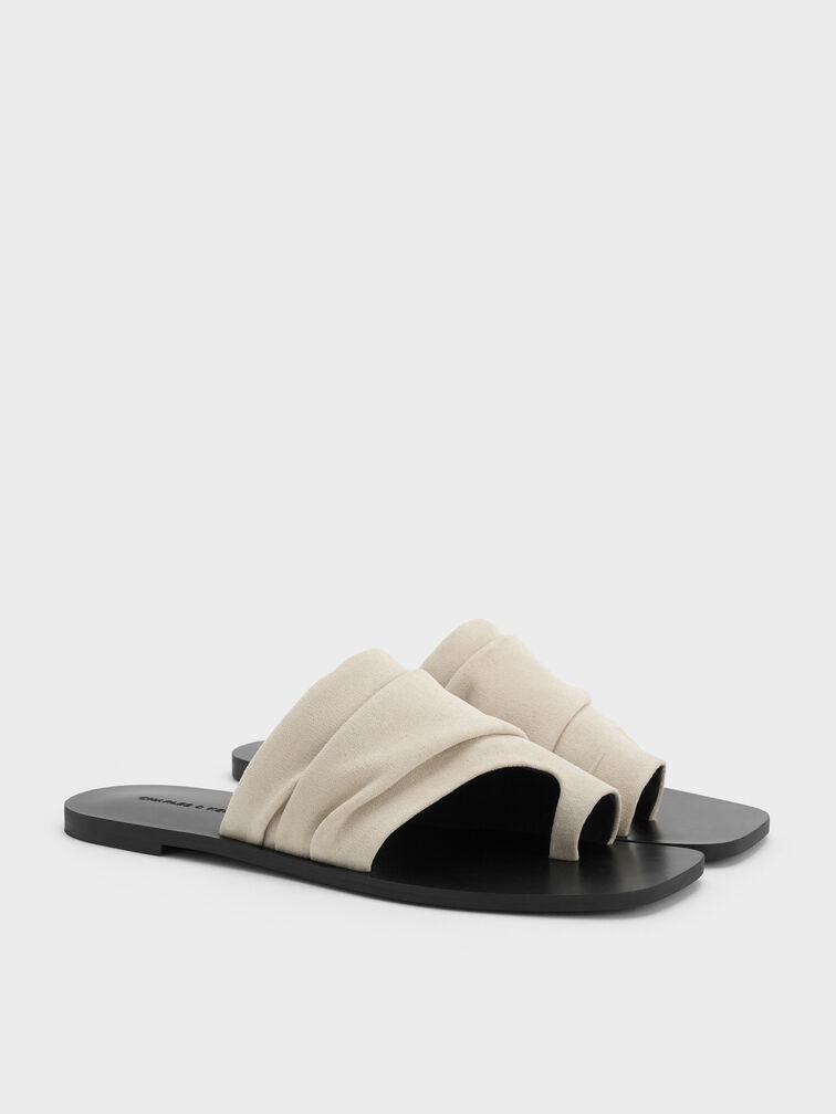 Sandal Toe-Ring Ruched Faux Suede, Chalk, hi-res