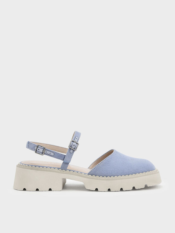 Sepatu Twill Ankle-Strap Cleated Sole, Light Blue, hi-res