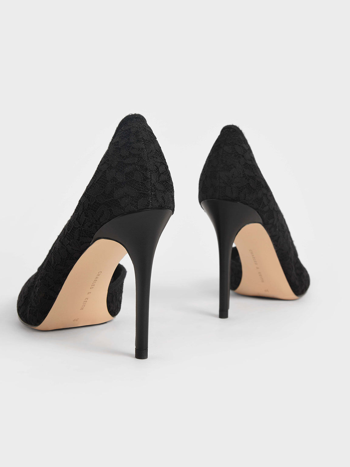 Sepatu Pumps Stiletto Lace & Mesh Half D'Orsay, Black, hi-res