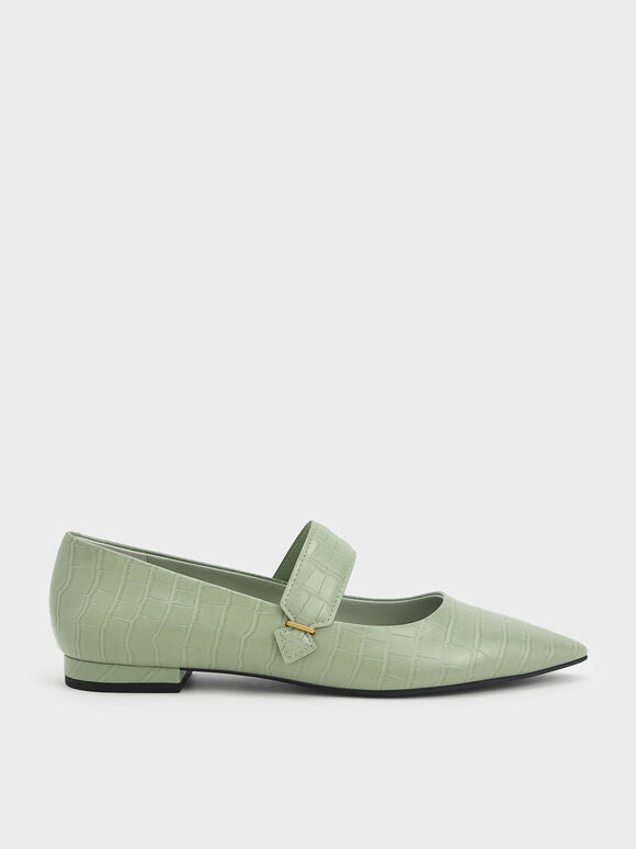 Sepatu Flat Mary Jane Croc-Effect Pointed-Toe, Animal Print Green, hi-res