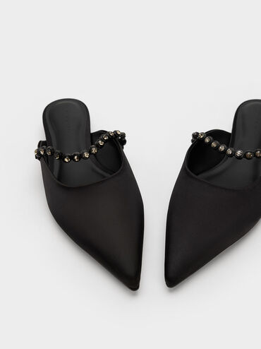 Sepatu Flat Mules Gem-Strap Metallic Recycled Polyester, Black, hi-res