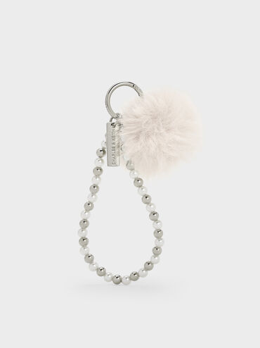 Pearl Beaded-Strap Furry Ball Charm, Cream, hi-res