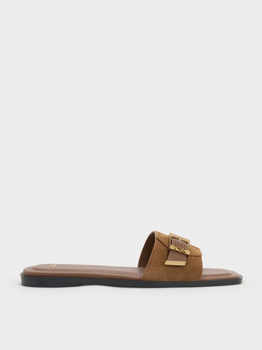 Whitney Suede & Leather Buckled Square-Toe Slide Sandals, Brown, hi-res