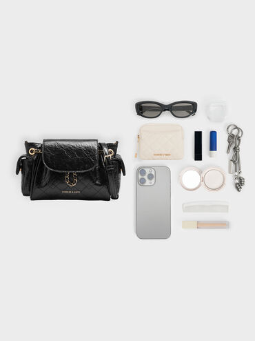 Tas Ransel Front Flap Two-Way Quilted Duo, Black, hi-res