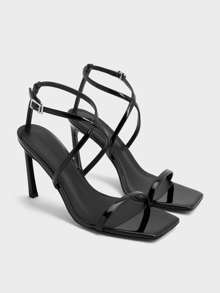 Patent Strappy Heeled Sandals, Black Patent, hi-res