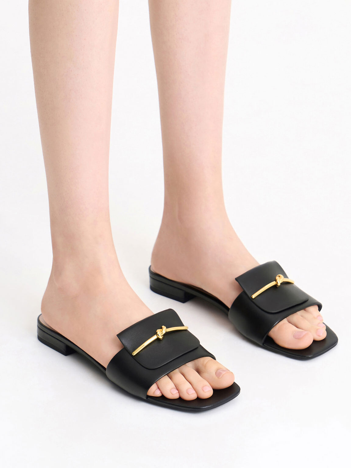 Knotted Accent Slide Sandals, Black, hi-res