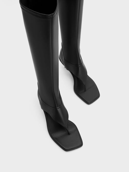 Sepatu Knee-High Boots Kitten Heel Thong, Black, hi-res