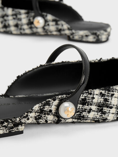 Sepatu Flat Mules Tweed Pearl Embellished, Black Textured, hi-res