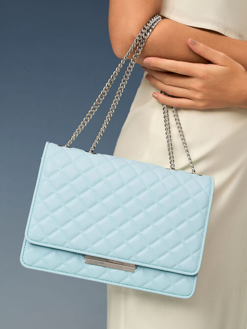 Tas Double Chain Handle Quilted, Light Blue, hi-res