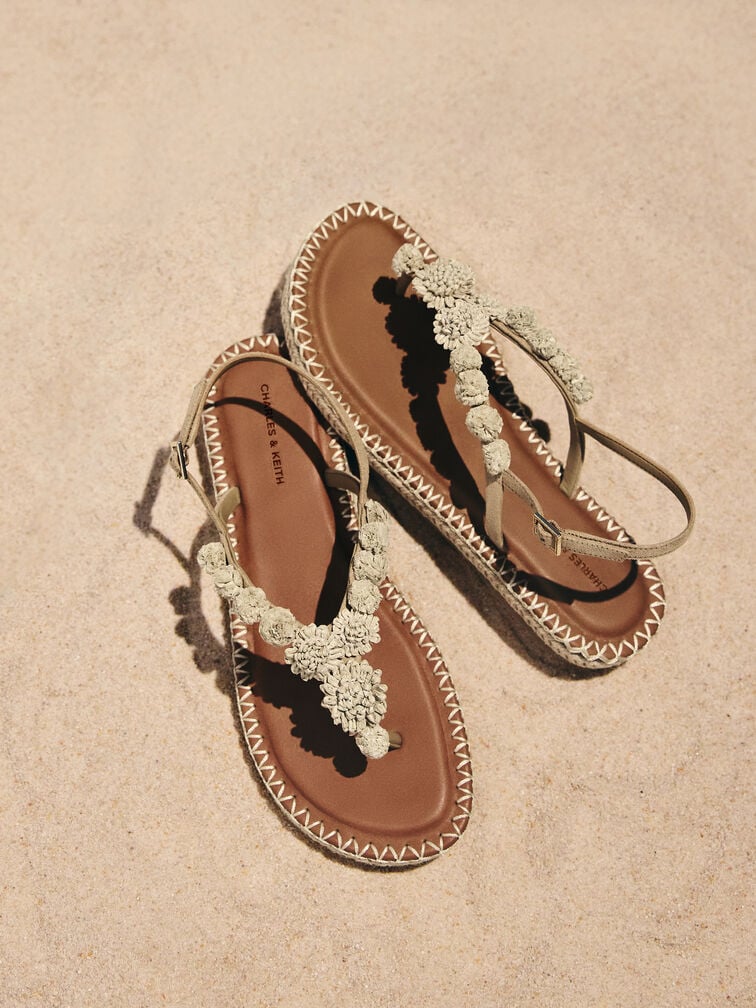 Faux Suede Flower Espadrille Thong Sandals, Sand, hi-res