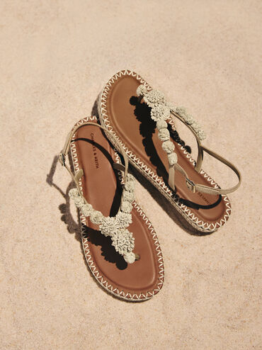 Sandal Thong Espadrille Flower Faux Suede, Sand, hi-res