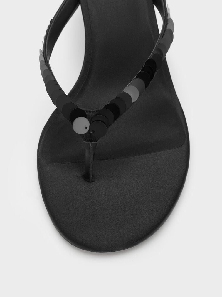 Sandal Thong Heeled Sequinned Briella, Black Textured, hi-res
