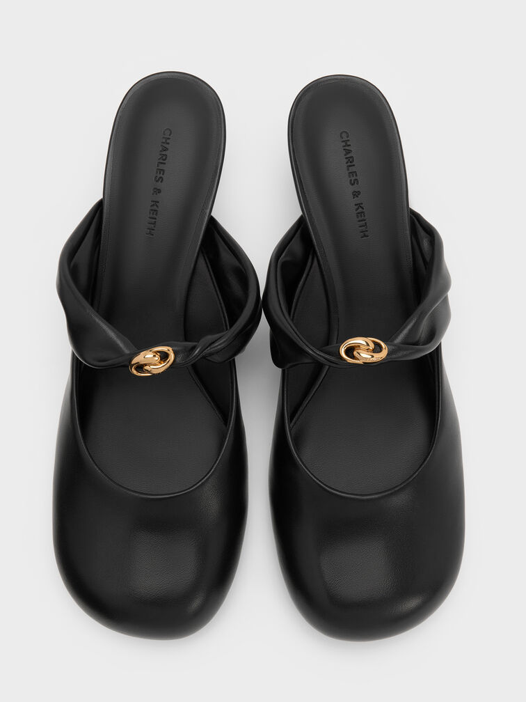 Sepatu Mules Heeled Twisted-Strap Metallic-Accent, Black, hi-res