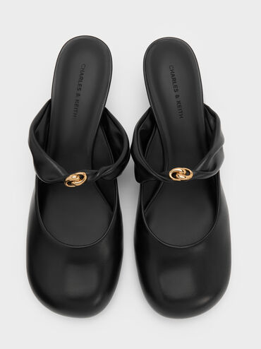Sepatu Mules Heeled Twisted-Strap Metallic-Accent, Black, hi-res