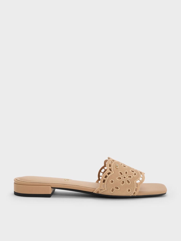 Sandal Selip Embroidered Leather, Beige, hi-res