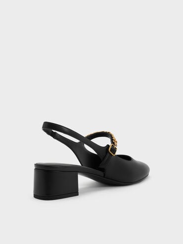 Sepatu Pumps Slingback Mary Jaane Charm Double-Chain, Black, hi-res