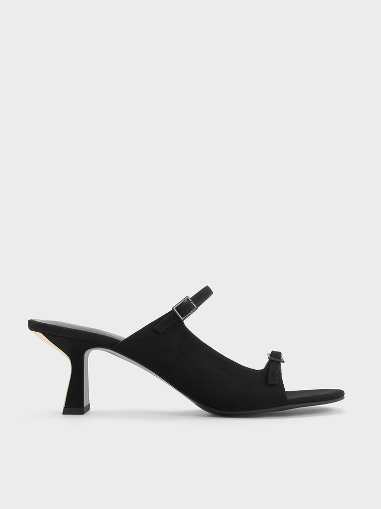 Sepatu Heeled Mules Textured Double Strap, Black, hi-res