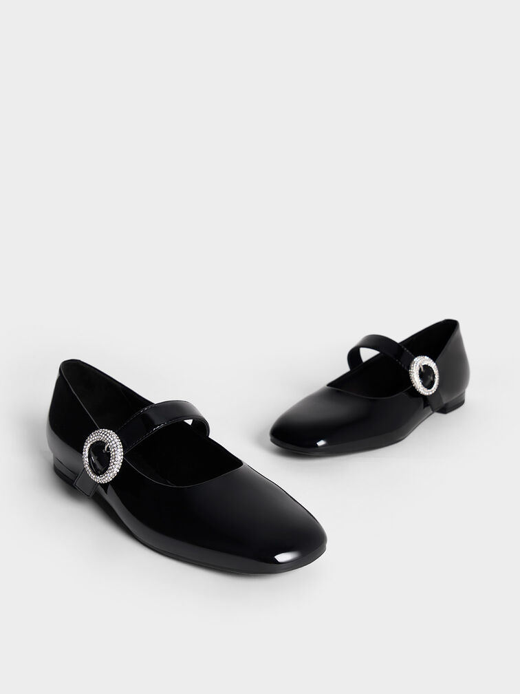 Sepatu Flats Mary Janes Patent Crystal-Embellished Buckle, Black Patent, hi-res
