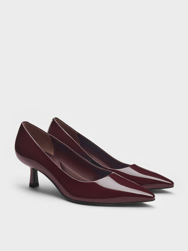 Emmy Patent Pointed Kitten Heel Pumps, Burgundy, hi-res
