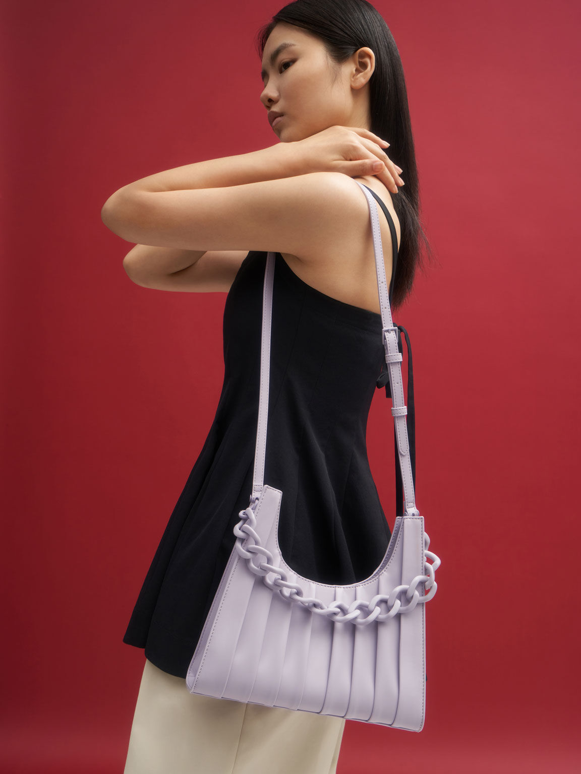 Chain Handle Pleated Shoulder Bag, Lilac, hi-res