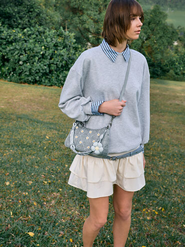 Tas Selempang Flower Philomena Raffia, Misty Blue, hi-res