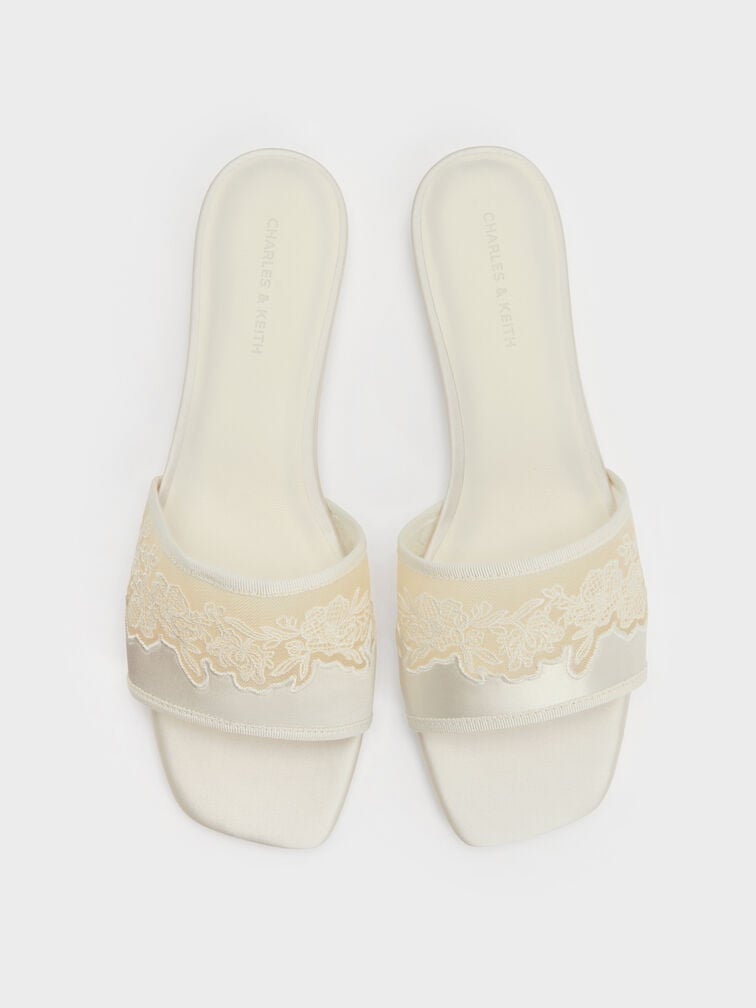 Sandal Selip Embroidered-Mesh Satin, White, hi-res
