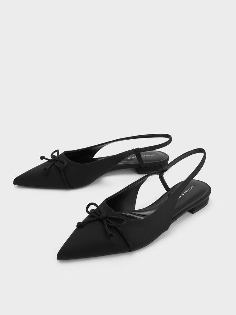 Sepatu Ballerina Bow Pointed-Toe Slingback, Black, hi-res