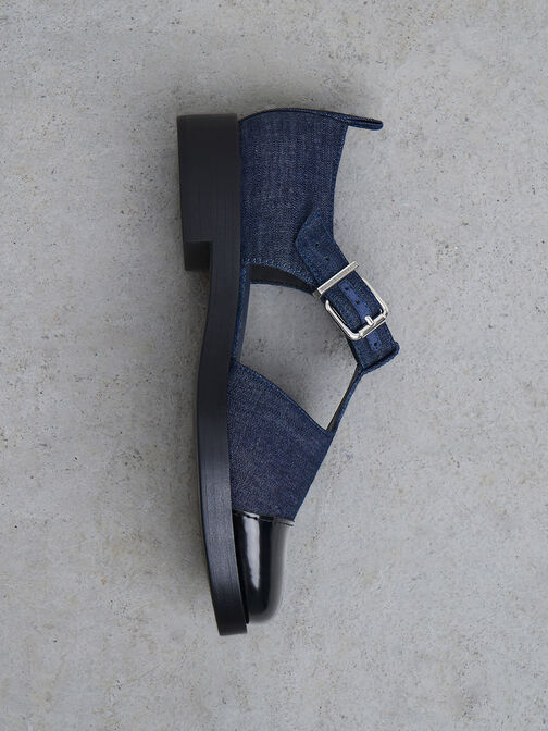 Sepatu Flats Charly T-Bar D'Orsay Denim, Dark Blue, hi-res