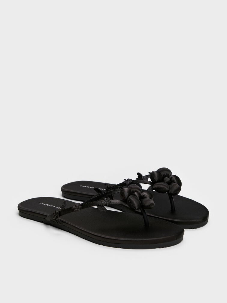Sandal Thong Flower Puffy, Black Textured, hi-res