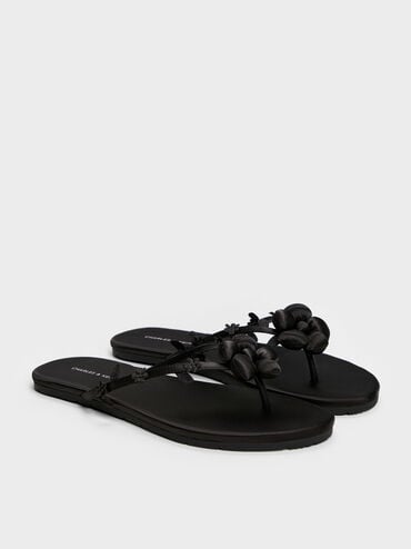 Sandal Thong Flower Puffy, Black Textured, hi-res