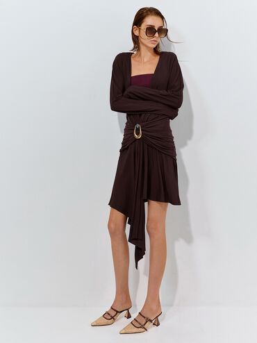 Sepatu Mules Pointed Sculptural-Heel Raffia, Dark Brown Textured, hi-res