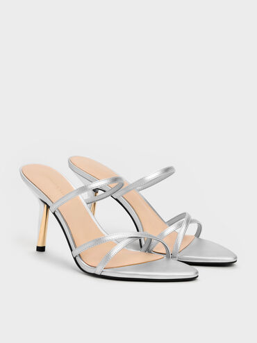 Sepatu Mules Heeled Strappy Metallic Taylen, Silver, hi-res