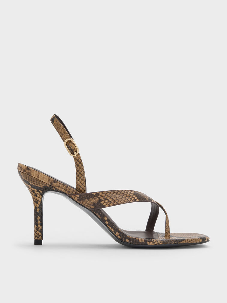 Snake-Print Stiletto Slingback Thong Sandals, Animal Print Natural, hi-res